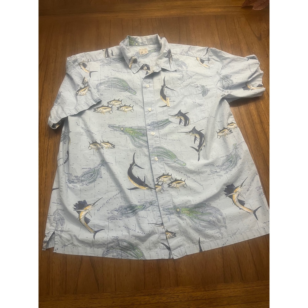 Columbia PFG Mens Large Blue Fish Nautical Chart Print Cotton Button Down Shirt